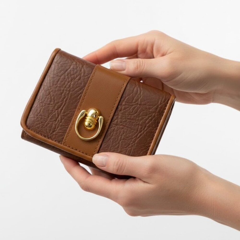 Women's Two-Tone Brown Gold Faux Leather Tri-Fold Wallet Small
